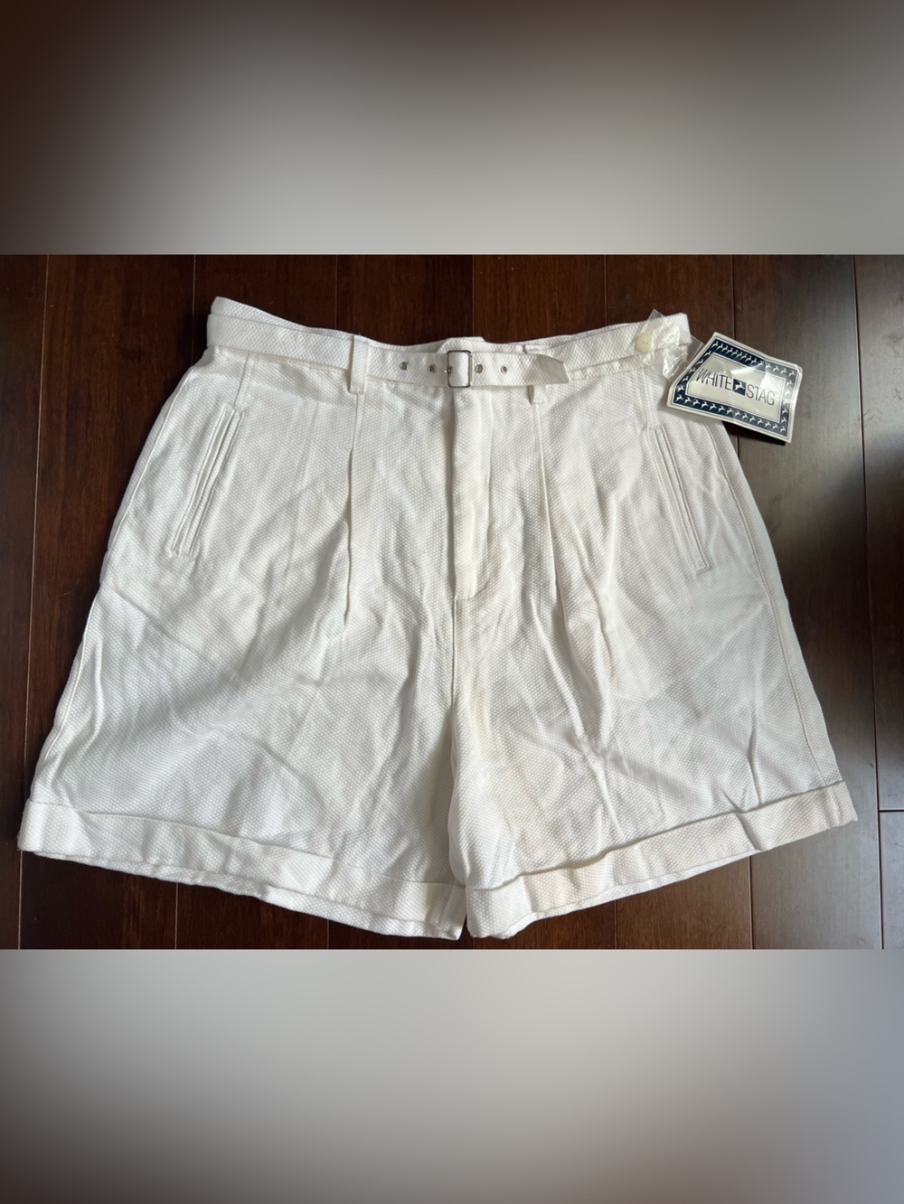 Vintage White Stag Deadstock High Waisted Pleated Belted Shorts White NWT 14